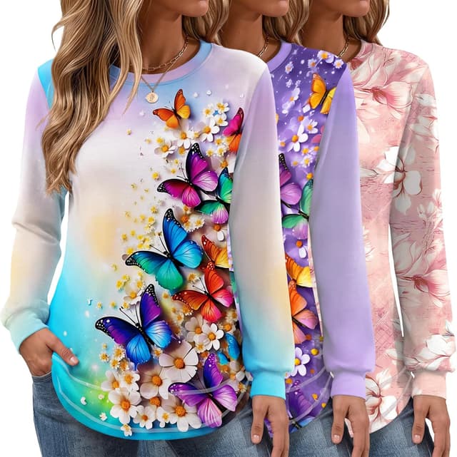 TCOT Women's 3 Pack Long Sleeve Shirts Lightweight Crew Neck Sweatshirts $15.89
