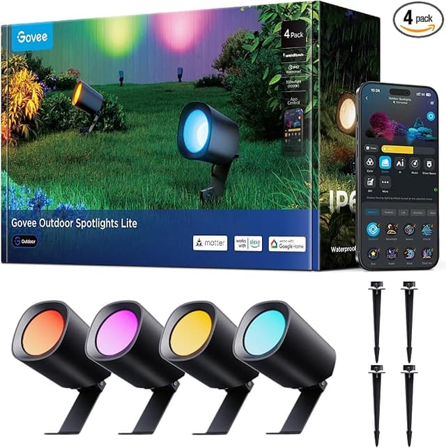 Govee Outdoor Spotlights Lite 4 Pack, IP67 Waterproof Spotlights, APP, WiFi | Landscape Lighting Work with Alexa, Matter and Google Assistant, RGBWIC Color Changing Light for Garden, Yard, Patio